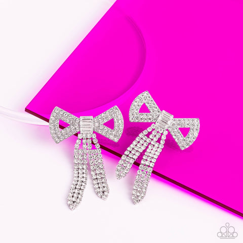 Paparazzi Earrings - Just BOW With It - White   (August 2023 Life Of The Party)