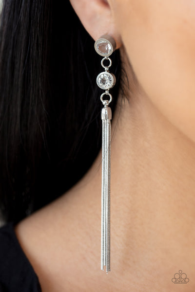 Paparazzi  Earrings -  Tassel Twinkle - White - SHOPBLINGINGPRETTY