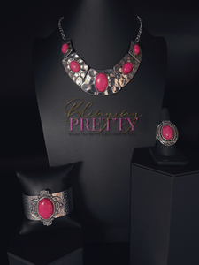 Paparazzi Necklace, Ring & Bracelets Sets- Pink Crackled Stone