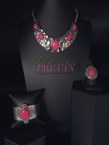 Paparazzi Necklace, Ring & Bracelets Sets- Pink Crackled Stone