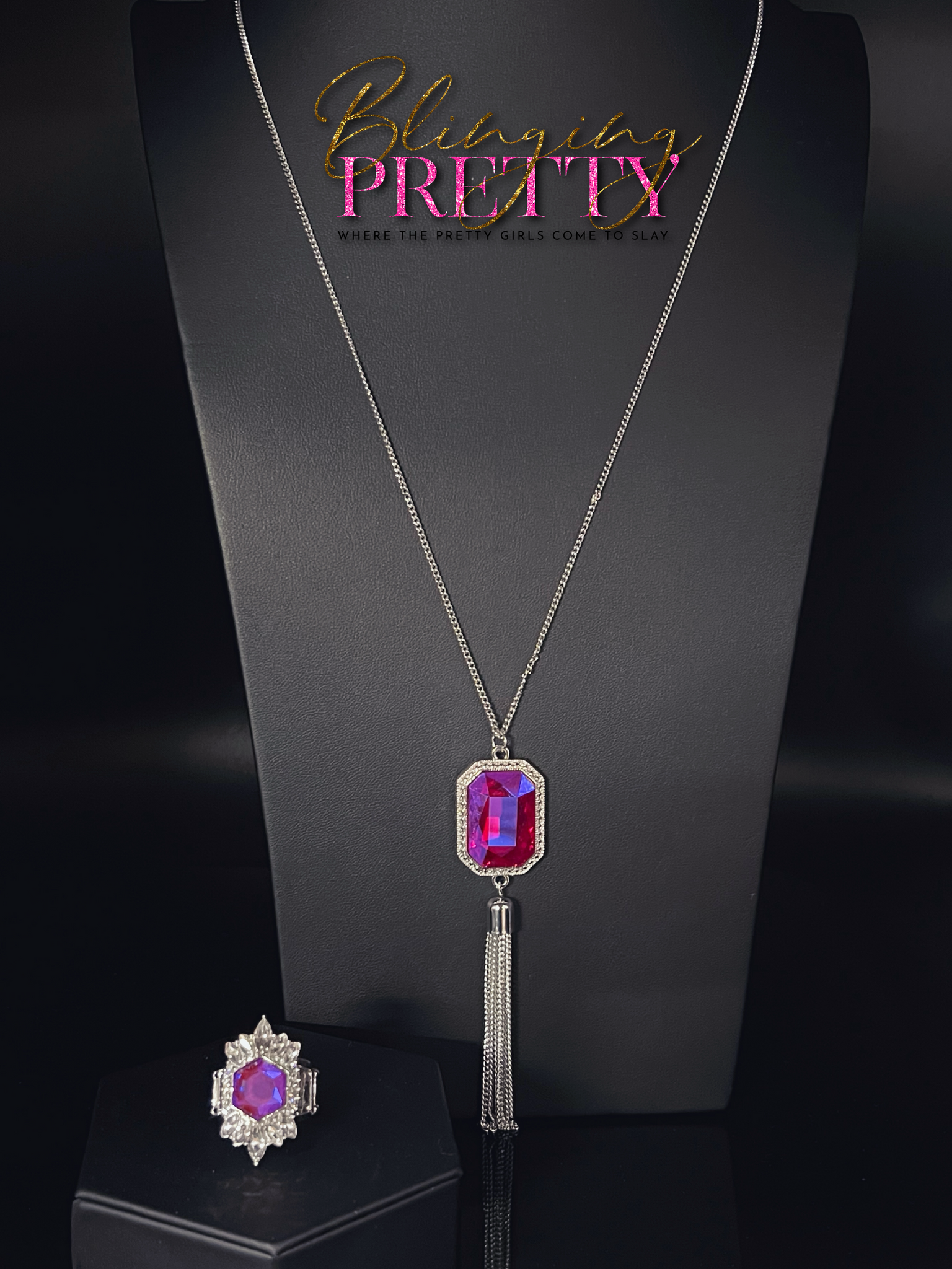 Paparazzi Ring & Necklace Set - (Blissed Out Opulence Necklace & Divine Intervention Ring) - Pink