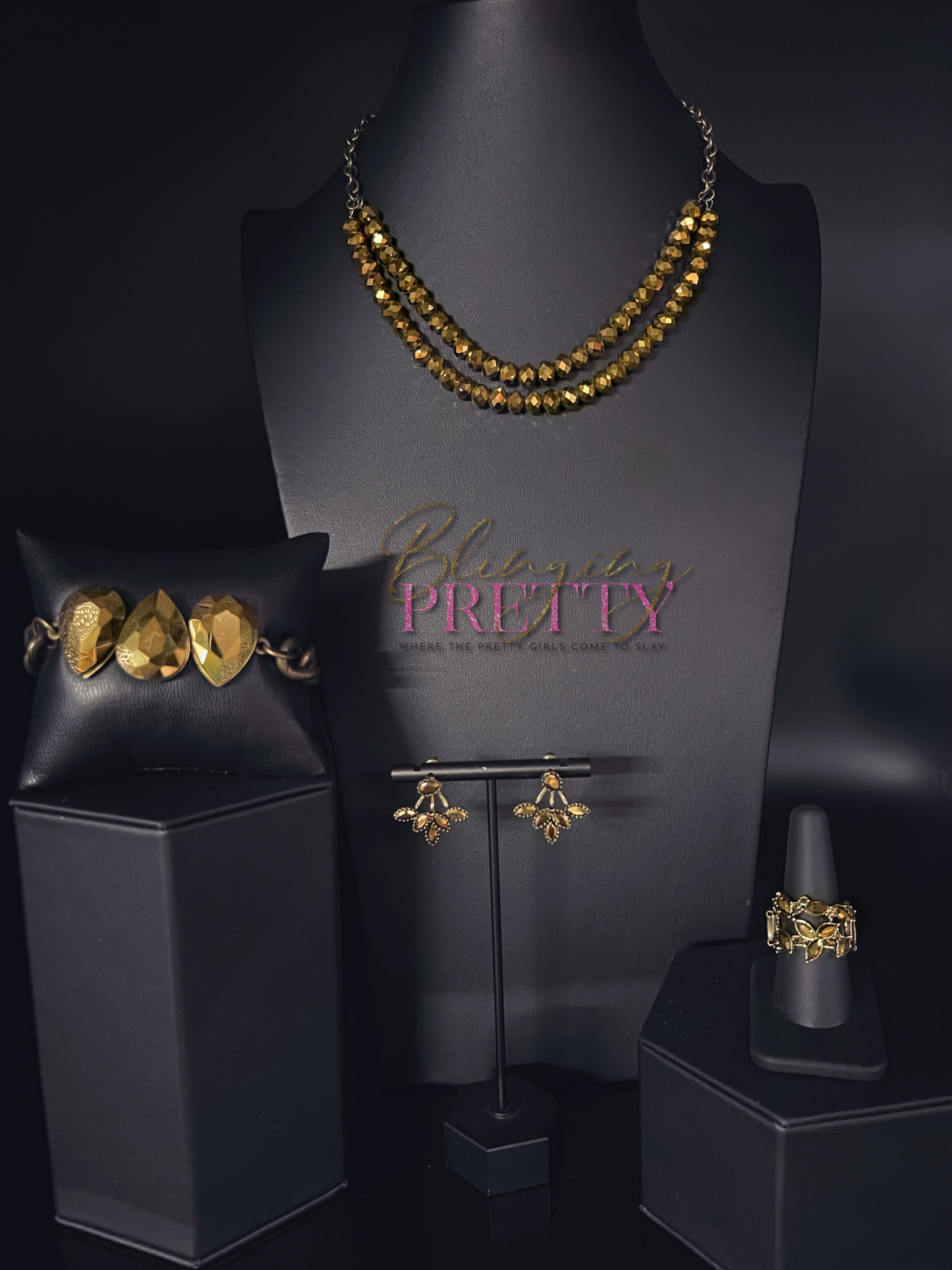 Paparazzi Necklace, Ring, Bracelet & Earrings Set - Brass