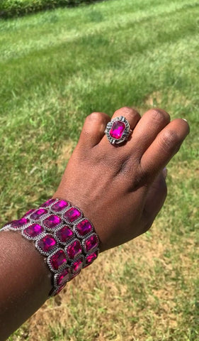 Paparazzi Bracelet & Ring Set -Pink (Studded Smolder - Bracelet & Outta My Way! - Ring)